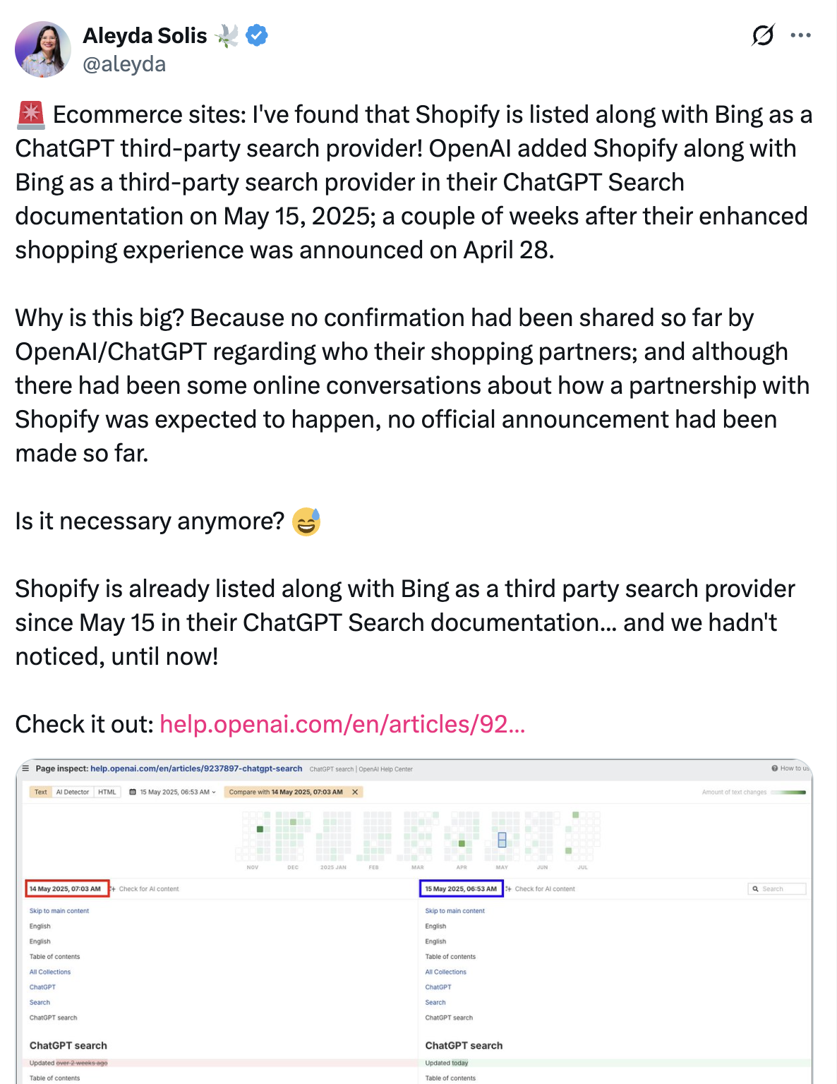 OpenAI Shopify Partnership Announcement showing ChatGPT search documentation